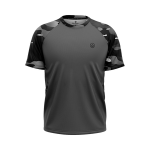 Odyssey Activewear Dark Camo T-shirt with a black and grey camouflage colour scheme