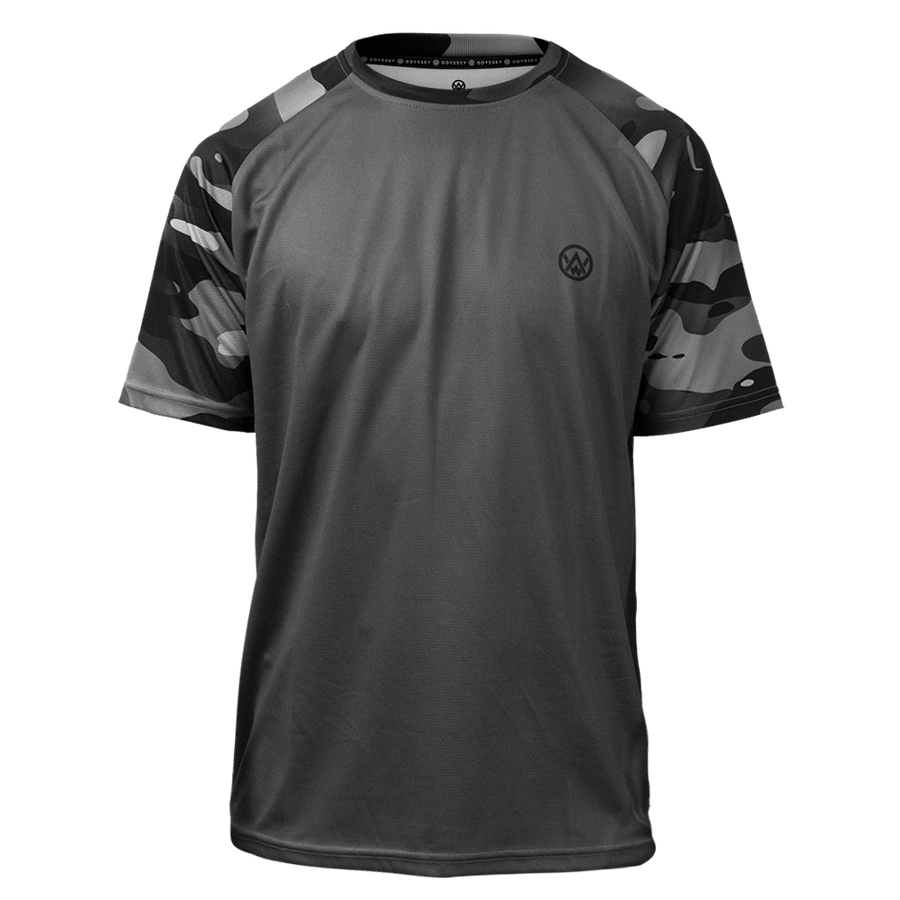 Odyssey Activewear Dark Camo T-shirt with a black and grey camouflage colour scheme