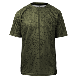 Odyssey Activewear Contour Forest T-shirt with a green contour map pattern