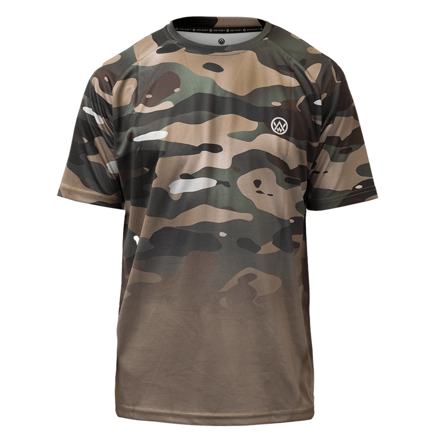 Odyssey Activewear Woodland Camo T-shirt with a green and brown camouflage colour scheme