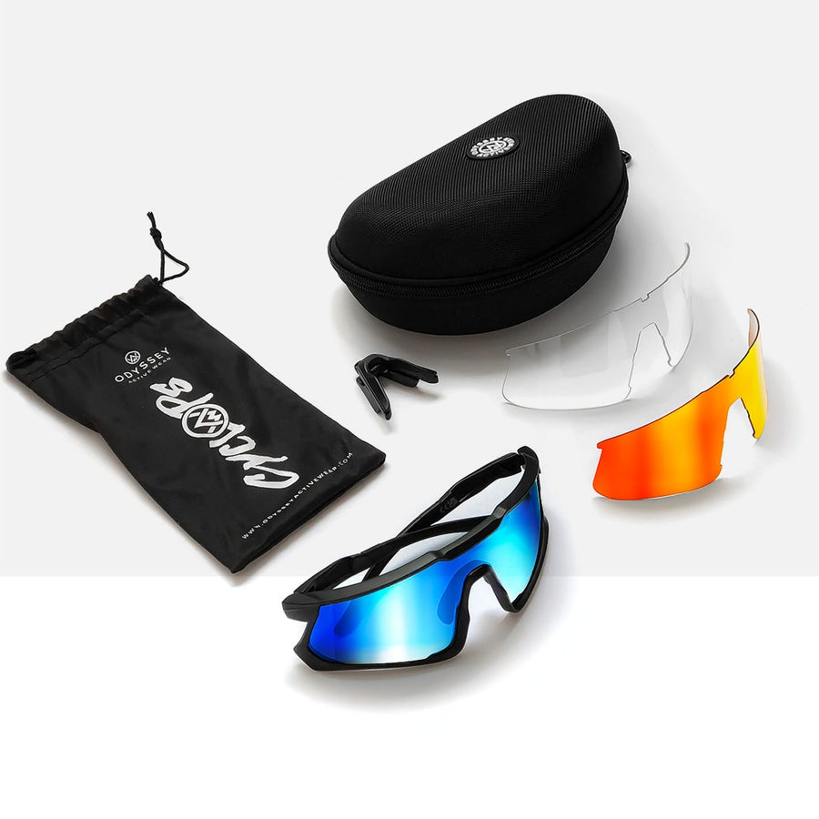 Odyssey Activewear Cyclops sports sunglasses full package with soft carry pouch and protective hard case