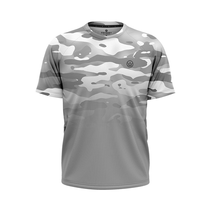 Odyssey Activewear Arctic Camo T-shirt with a grey and white camouflage colour scheme