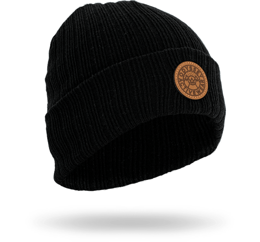 Black Odyssey Activewear "Pilos" ribbed beanie with PU leather patch