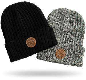 Grey and black Odyssey Activewear "Pilos" ribbed beanies with PU leather patch