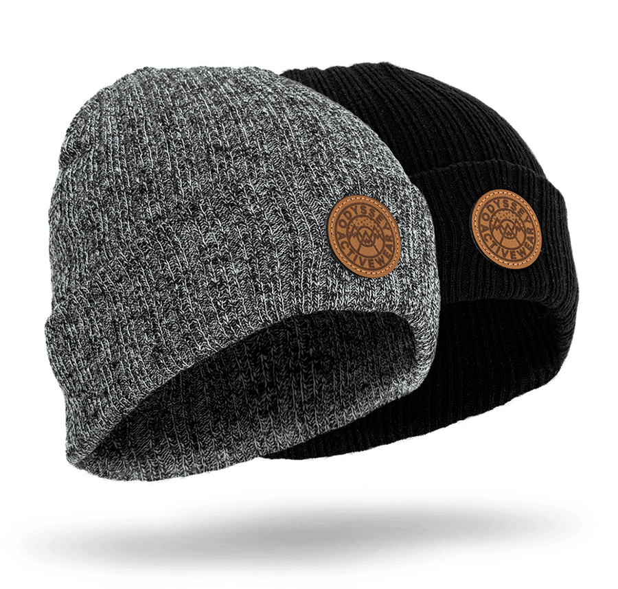 Grey and black Odyssey Activewear "Pilos" ribbed beanies with PU leather patch