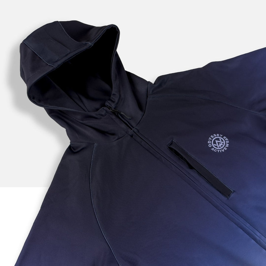 Detail shot of the Odyssey Activewear Azure Blue Transition Tech Hoodie
