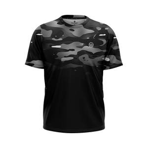 Odyssey Activewear Dark Camo T-shirt with a black and grey camouflage colour scheme