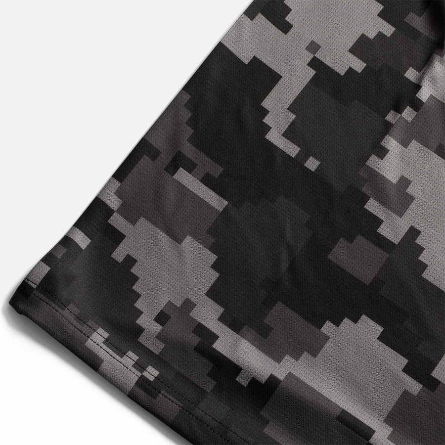 Detail shot of the Odyssey Activewear Stealth Digital Camo T-Shirt showing the breathable and quick-drying fabric