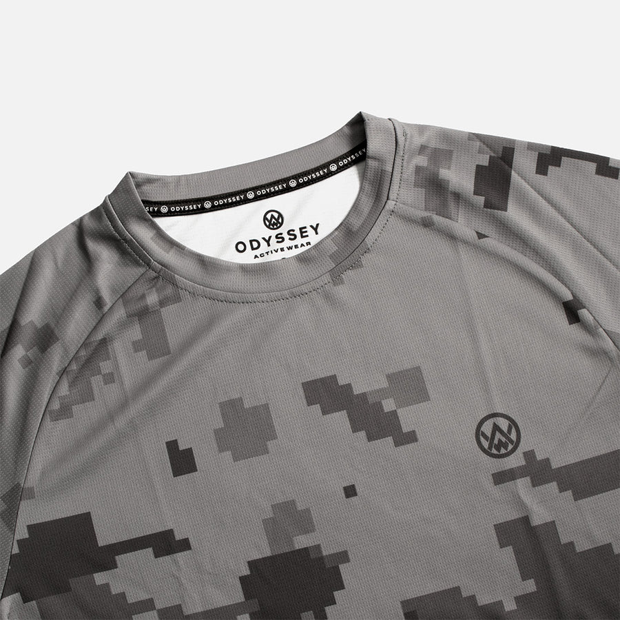 Detail shot of the Odyssey Activewear Urban Digital Camo jersey with a grey pixel colour scheme