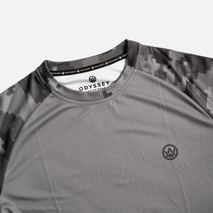 Detail shot of the Odyssey Activewear Urban Digital Camo T-Shirt with a grey pixel colour scheme
