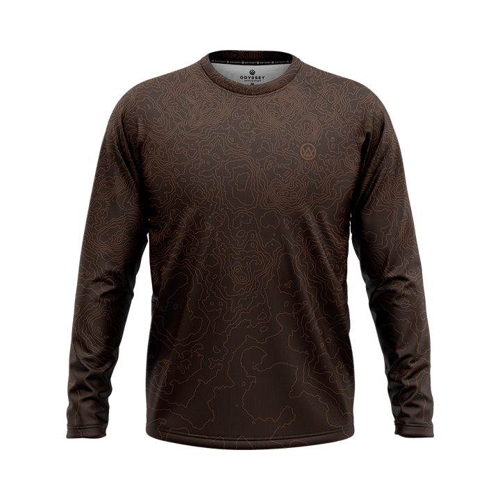 Odyssey Activewear Contour Earth jersey with a brown contour map pattern