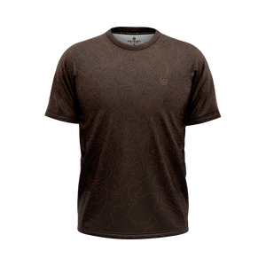 Odyssey Activewear Contour Earth T-shirt with a brown contour map pattern