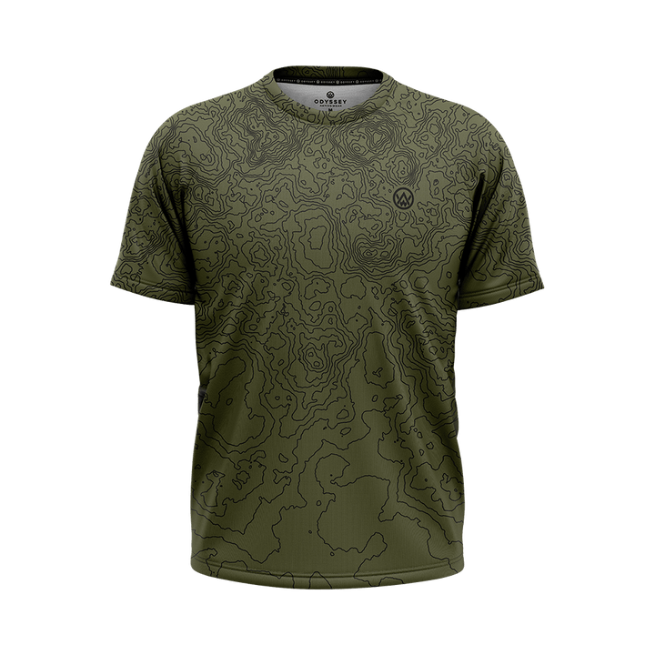 Odyssey Activewear Contour Forest T-shirt with a green contour map pattern