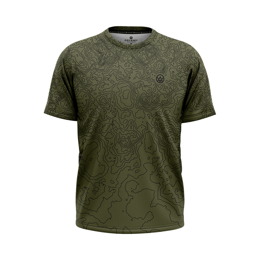 Odyssey Activewear Contour Forest T-shirt with a green contour map pattern