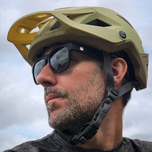 MTB rider wearing Odyssey Activewear Hybrid Sunglasses in black