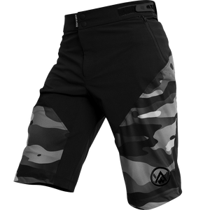 Odyssey Activewear Shield Shorts with dark camo print panels and embroidered logo on the leg