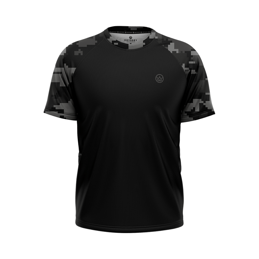 Odyssey Activewear Stealth Digital Camo T-Shirt with a black and grey pixel colour scheme