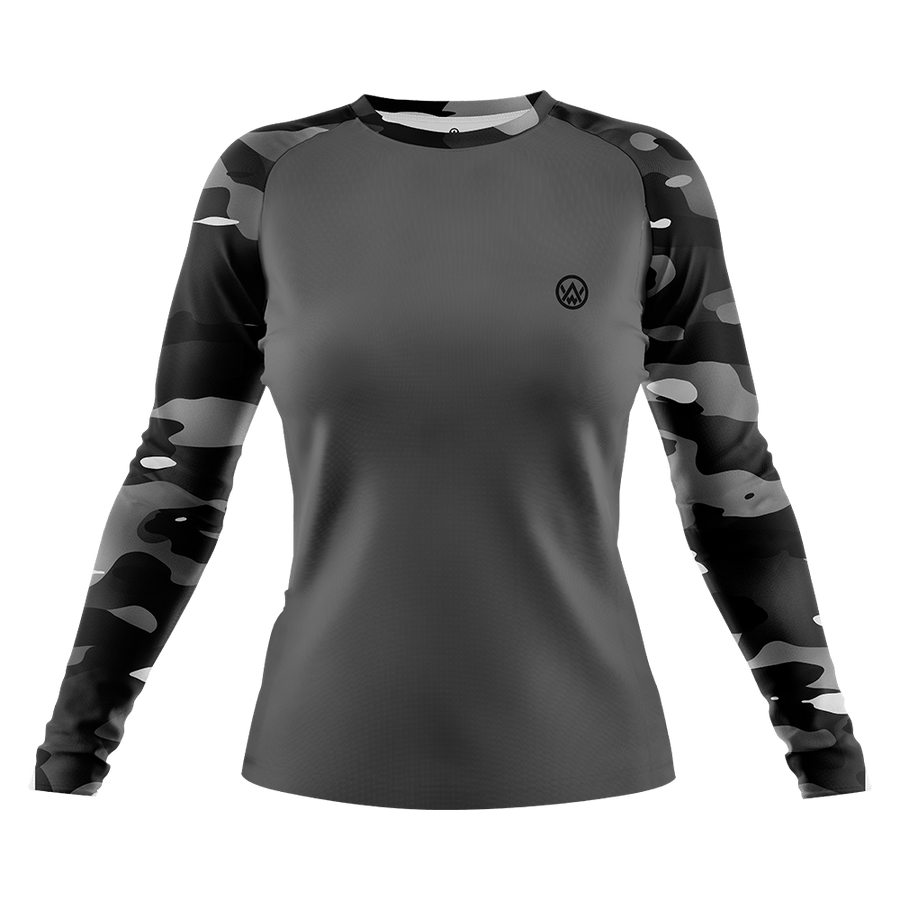 Odyssey Activewear Dark Camo women’s jersey with a black and grey camouflage colour scheme