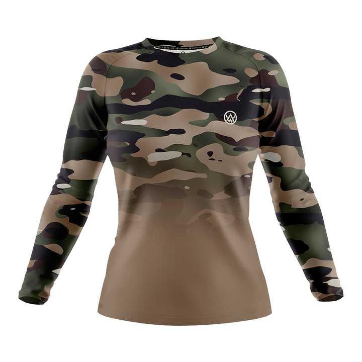 Odyssey Activewear Woodland Camo women’s jersey with a green and brown camouflage colour scheme