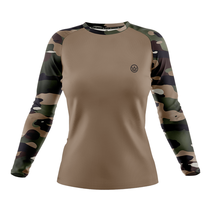 Odyssey Activewear Woodland Camo women’s jersey with a green and brown camouflage colour scheme